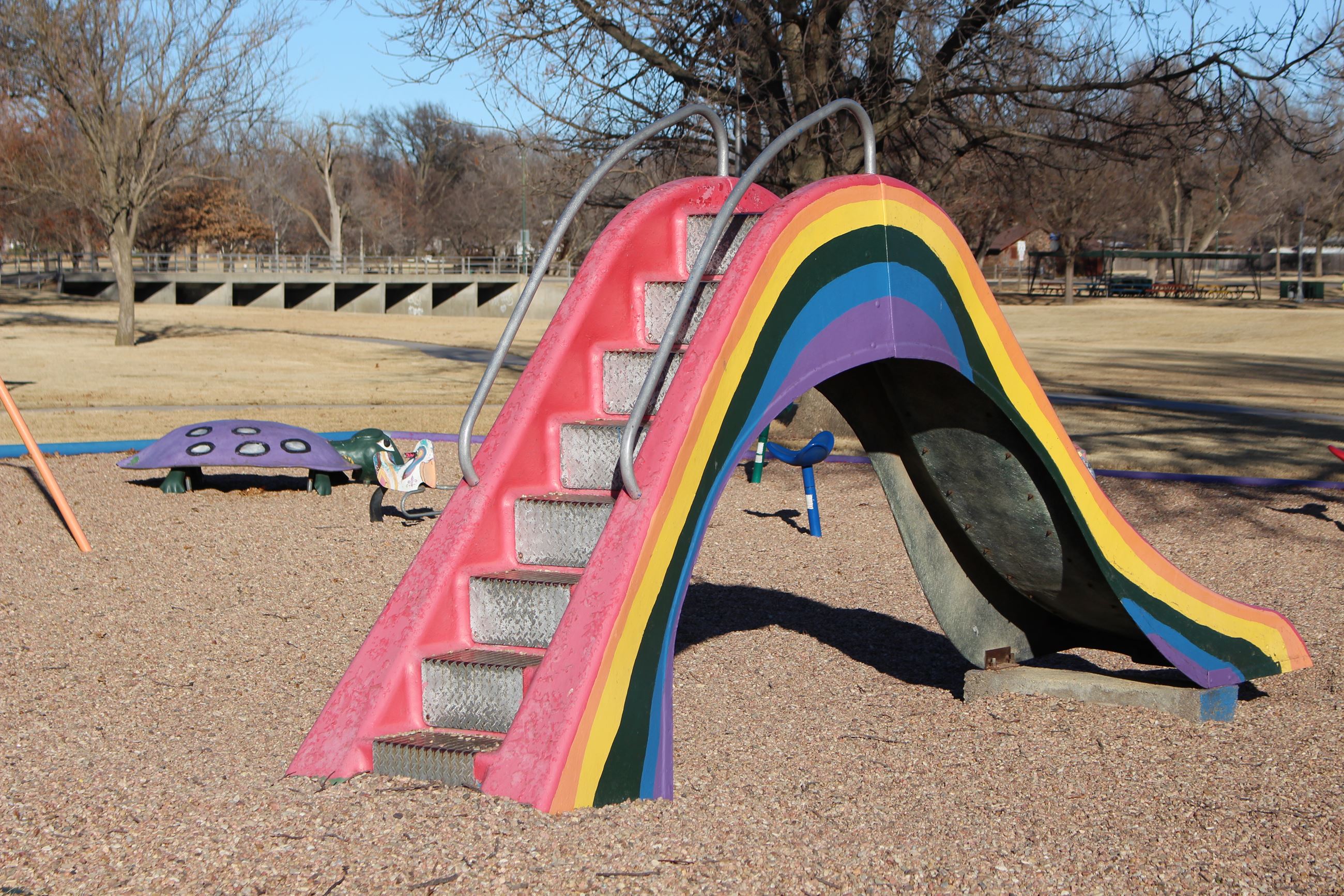 One of the slides at Lakeside park has a slide painted in the colors of a rainbow.