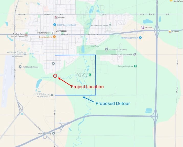 Proposed detour for South Main Street Railroad Crossing